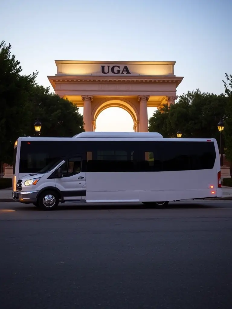 A spacious 15-passenger shuttle parked in front of the UGA Arch in Athens, GA, showcasing its elegant design and ample space for group travel.